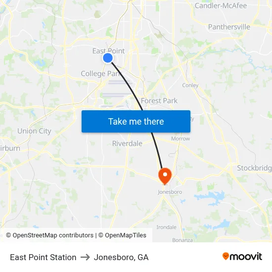 East Point Station to Jonesboro, GA map