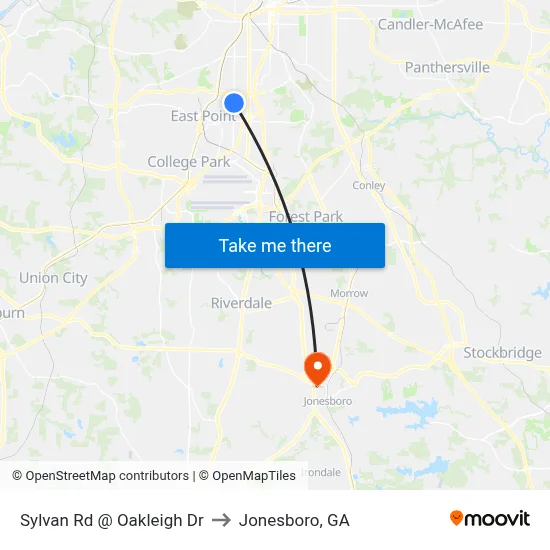 Sylvan Rd @ Oakleigh Dr to Jonesboro, GA map