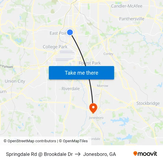 Springdale Rd @ Brookdale Dr to Jonesboro, GA map