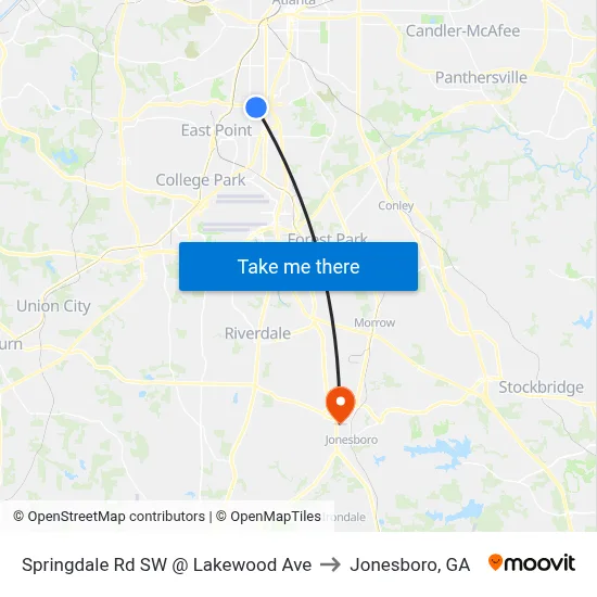 Springdale Rd SW @ Lakewood Ave to Jonesboro, GA map