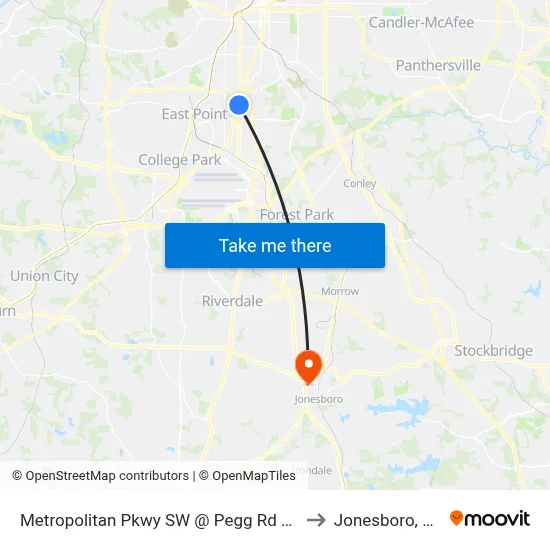 Metropolitan Pkwy SW @ Pegg Rd SW to Jonesboro, GA map