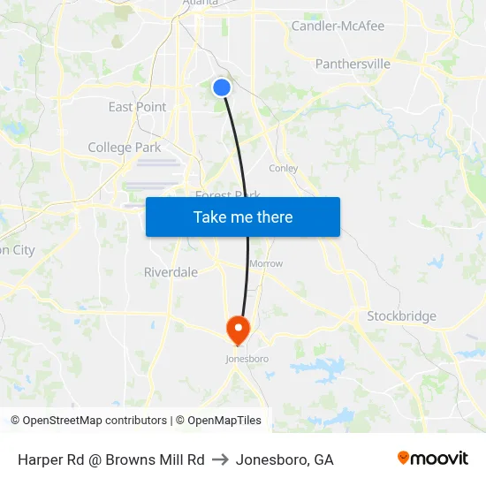 Harper Rd @ Browns Mill Rd to Jonesboro, GA map