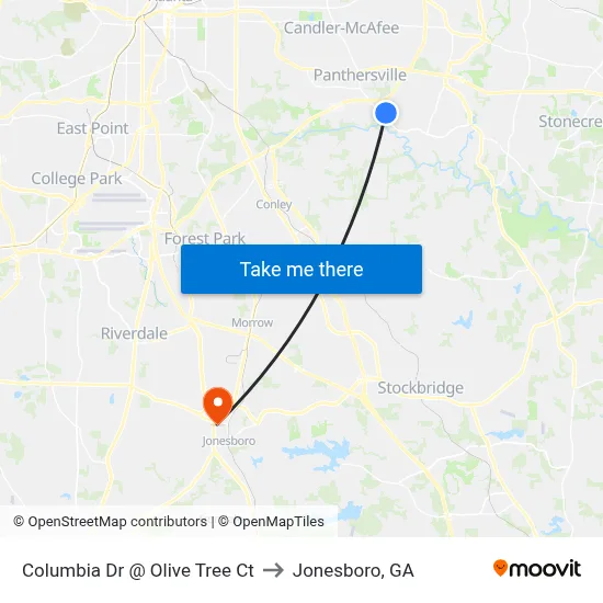 Columbia Dr @ Olive Tree Ct to Jonesboro, GA map