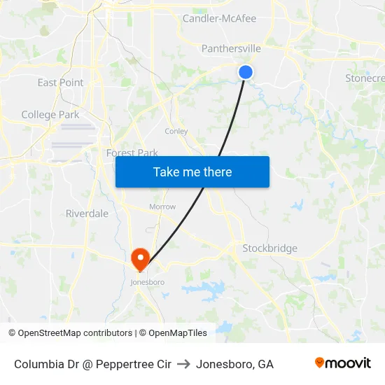 Columbia Dr @ Peppertree Cir to Jonesboro, GA map