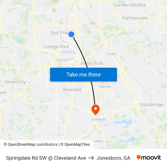 Springdale Rd SW @ Cleveland Ave to Jonesboro, GA map