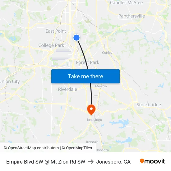 Empire Blvd SW @ Mt Zion Rd SW to Jonesboro, GA map