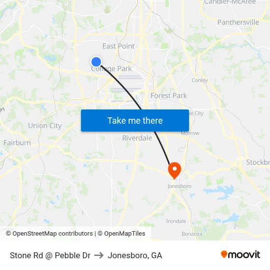 Stone Rd @ Pebble Dr to Jonesboro, GA map