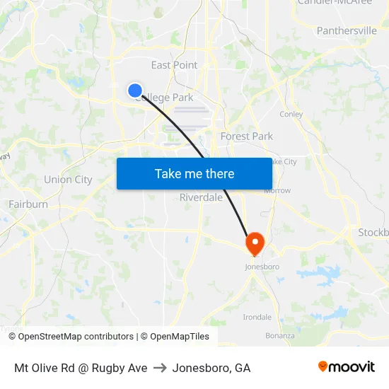 Mt Olive Rd @ Rugby Ave to Jonesboro, GA map