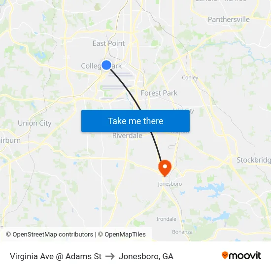 Virginia Ave @ Adams St to Jonesboro, GA map