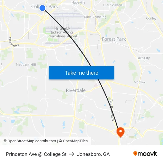 Princeton Ave @ College St to Jonesboro, GA map