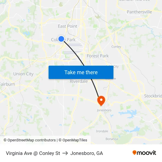 Virginia Ave @ Conley St to Jonesboro, GA map