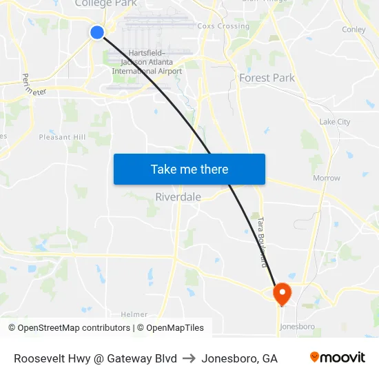 Roosevelt Hwy @ Gateway Blvd to Jonesboro, GA map