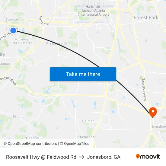 Roosevelt Hwy @ Feldwood Rd to Jonesboro, GA map