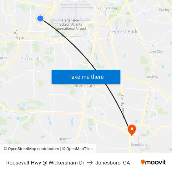 Roosevelt Hwy @ Wickersham Dr to Jonesboro, GA map