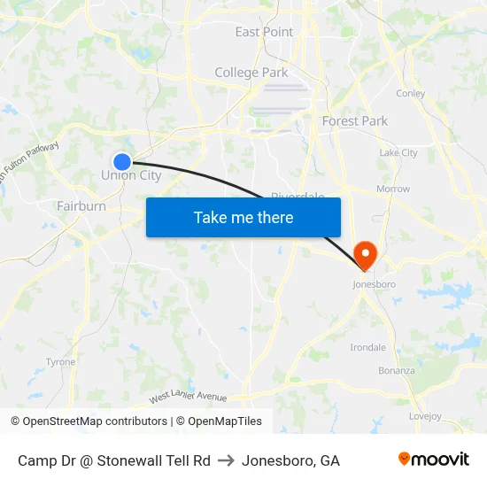 Camp Dr @ Stonewall Tell Rd to Jonesboro, GA map