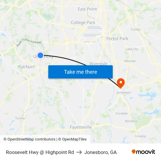 Roosevelt Hwy @ Highpoint Rd to Jonesboro, GA map