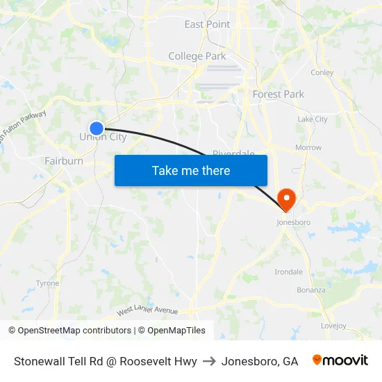 Stonewall Tell Rd @ Roosevelt Hwy to Jonesboro, GA map