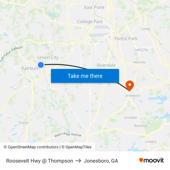 Roosevelt Hwy @ Thompson to Jonesboro, GA map