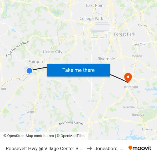 Roosevelt Hwy @ Village Center Blvd to Jonesboro, GA map
