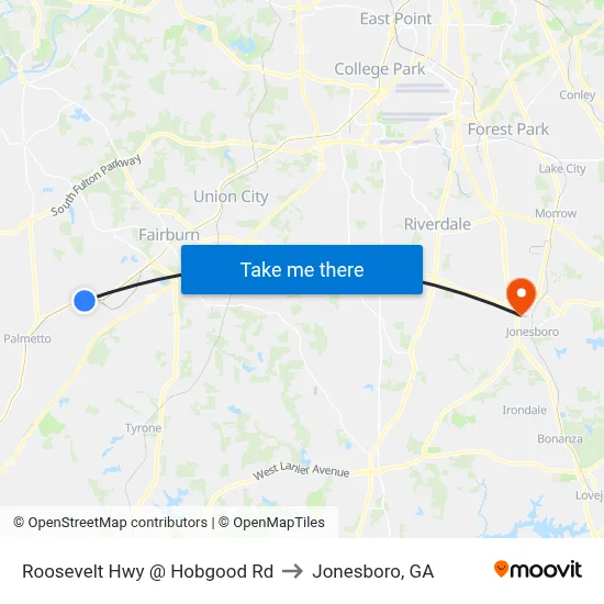 Roosevelt Hwy @ Hobgood Rd to Jonesboro, GA map