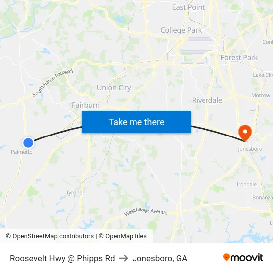 Roosevelt Hwy @ Phipps Rd to Jonesboro, GA map