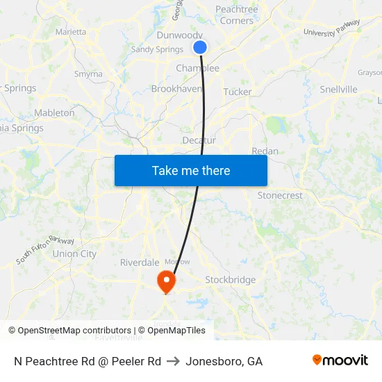 N Peachtree Rd @ Peeler Rd to Jonesboro, GA map