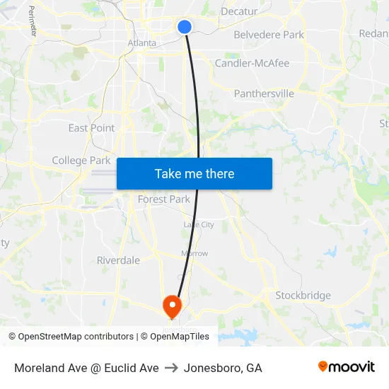 Moreland Ave @ Euclid Ave to Jonesboro, GA map