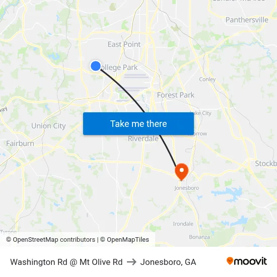 Washington Rd @ Mt Olive Rd to Jonesboro, GA map