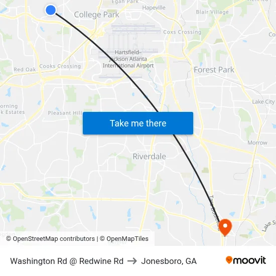 Washington Rd @ Redwine Rd to Jonesboro, GA map