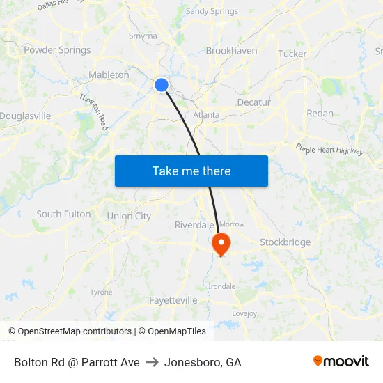 Bolton Rd @ Parrott Ave to Jonesboro, GA map