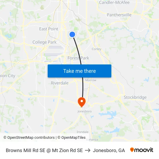 Browns Mill Rd SE @ Mt Zion Rd SE to Jonesboro, GA map