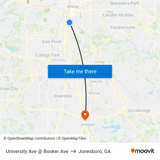 University Ave @ Booker Ave to Jonesboro, GA map