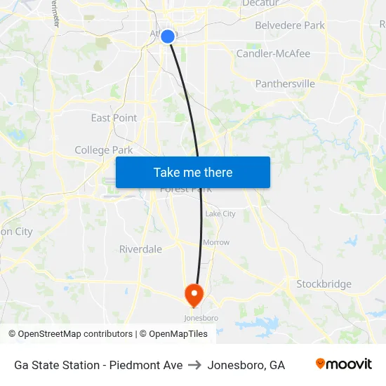 Ga State Station - Piedmont Ave to Jonesboro, GA map