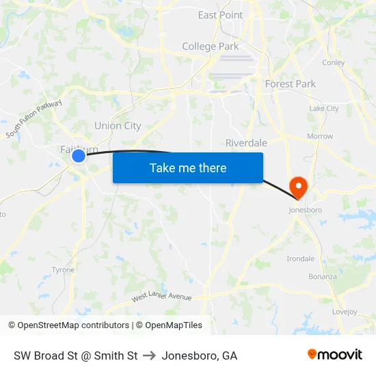 SW Broad St @ Smith St to Jonesboro, GA map