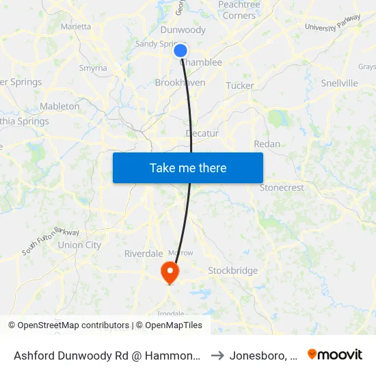 Ashford Dunwoody Rd @ Hammond Dr to Jonesboro, GA map