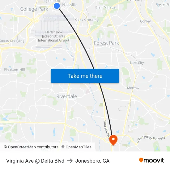 Virginia Ave @ Delta Blvd to Jonesboro, GA map
