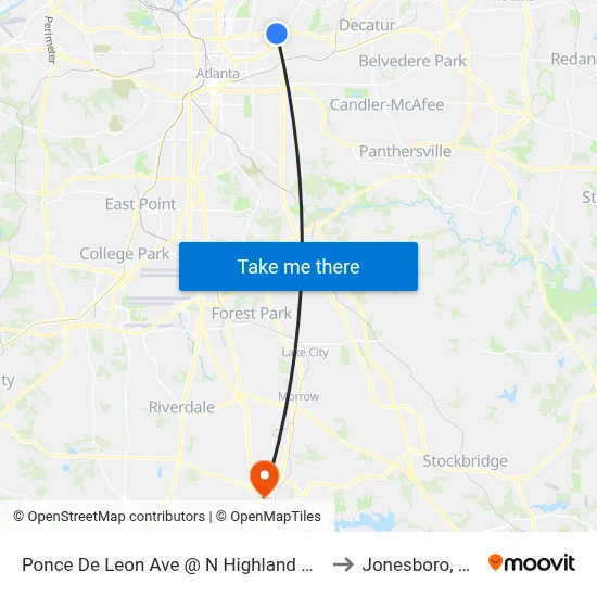 Ponce De Leon Ave @ N Highland Ave to Jonesboro, GA map