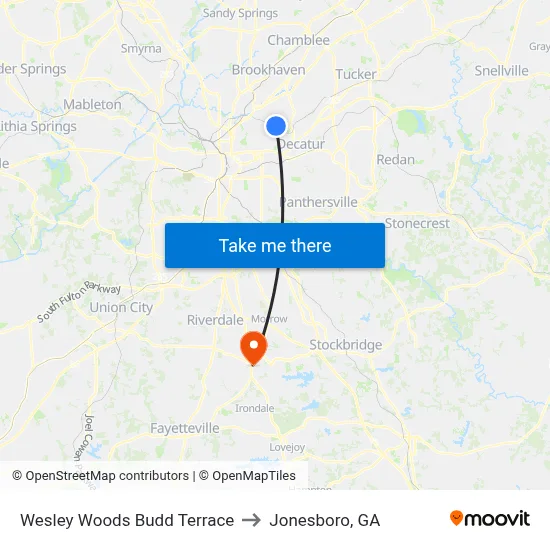 Wesley Woods Budd Terrace to Jonesboro, GA map