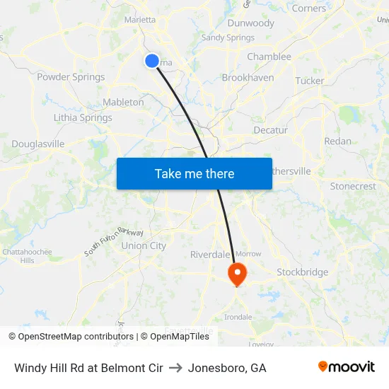 Windy Hill Rd at Belmont Cir to Jonesboro, GA map