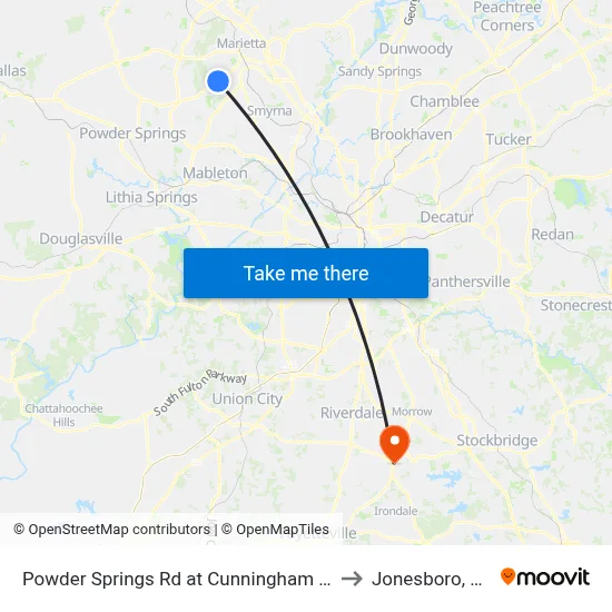 Powder Springs Rd at Cunningham Rd to Jonesboro, GA map