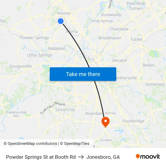 Powder Springs St at Booth Rd to Jonesboro, GA map