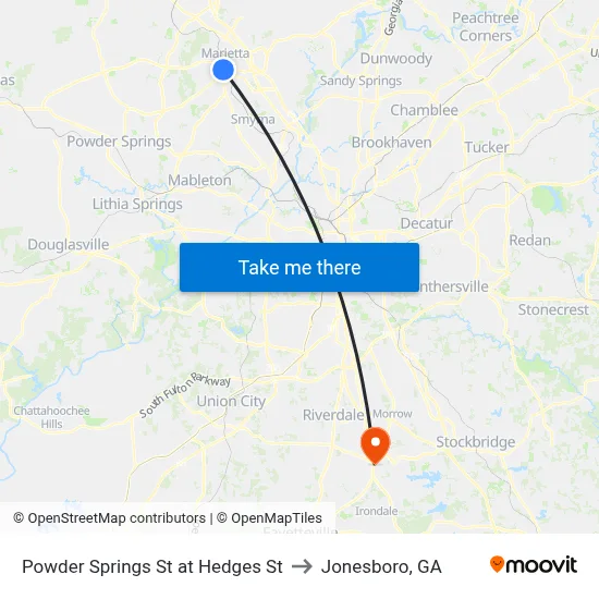 Powder Springs St at Hedges St to Jonesboro, GA map