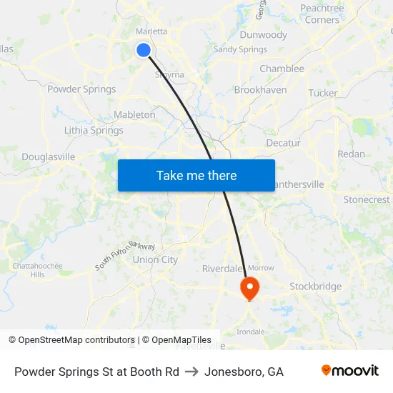 Powder Springs St at Booth Rd to Jonesboro, GA map