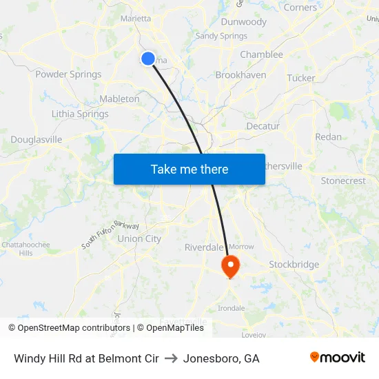 Windy Hill Rd at Belmont Cir to Jonesboro, GA map