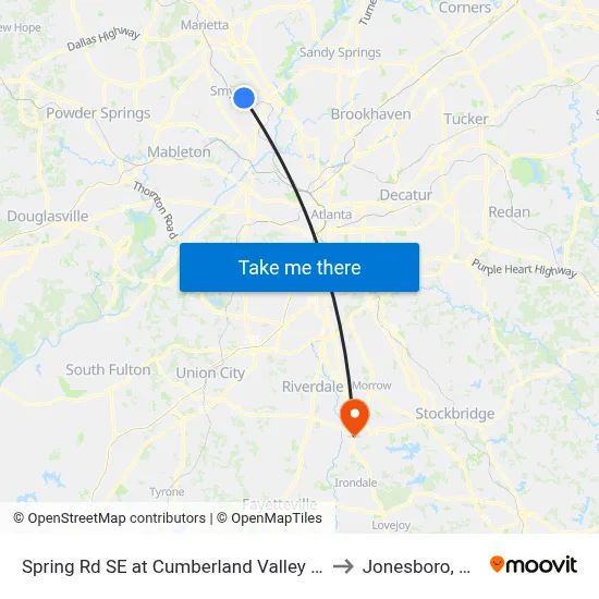 Spring Rd SE at Cumberland Valley Dr to Jonesboro, GA map