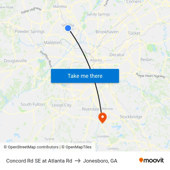 Concord Rd SE at Atlanta Rd to Jonesboro, GA map