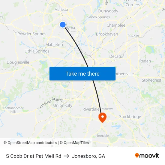 S Cobb Dr at Pat Mell Rd to Jonesboro, GA map