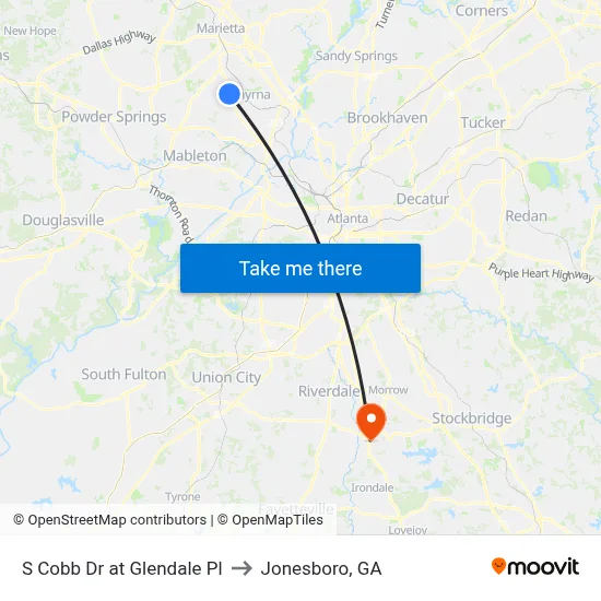 S Cobb Dr at Glendale Pl to Jonesboro, GA map