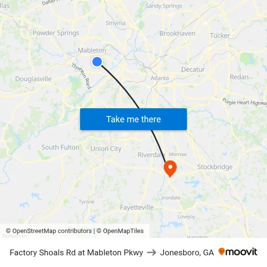 Factory Shoals Rd at Mableton Pkwy to Jonesboro, GA map