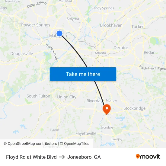 Floyd Rd at White Blvd to Jonesboro, GA map